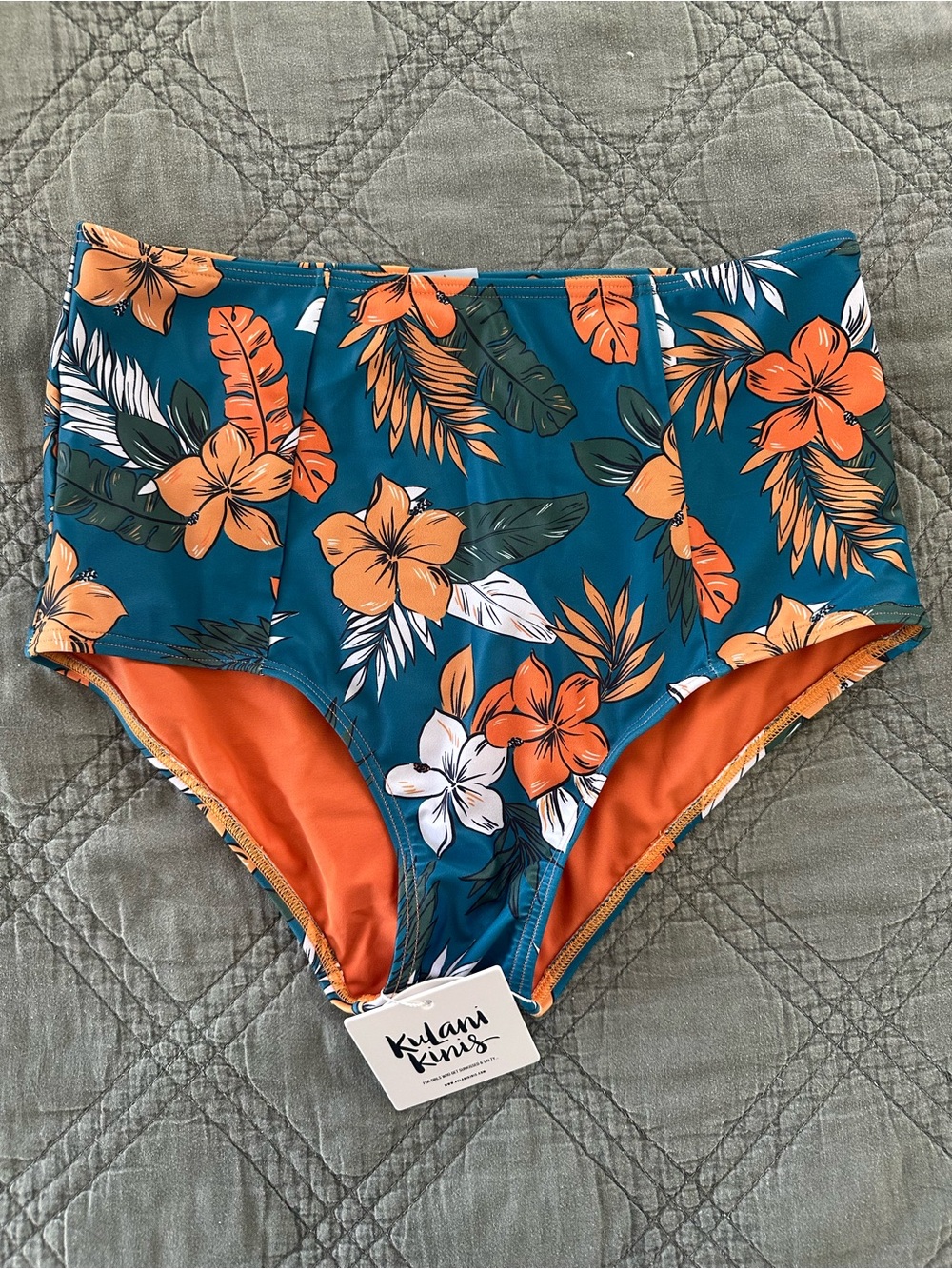 Kulani Kinis Teal Floral High-Waist Bikini Bottoms with Orange Lining